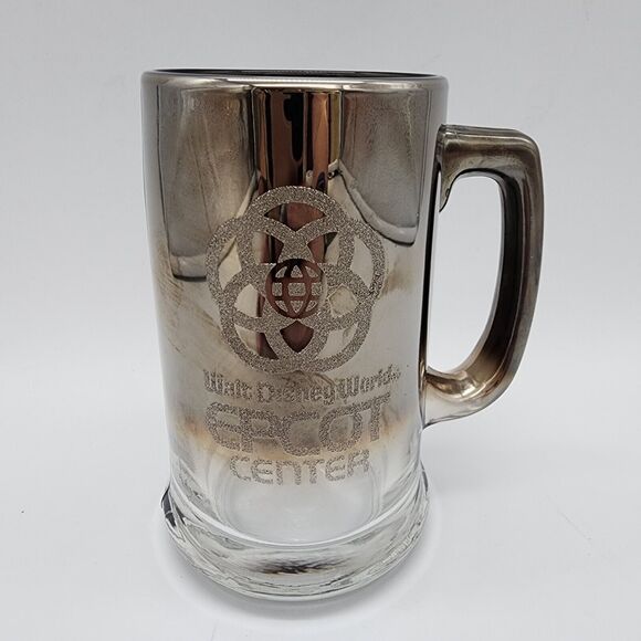 Vtg Walt Disney World Epcot Center Glass Mug Stein Handle Silver Mirrored Etched - Picture 1 of 7